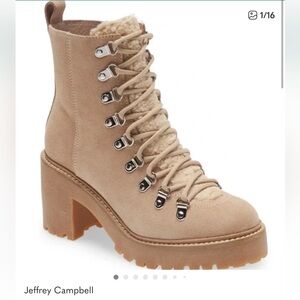 NEW Jeffrey Campbell Tan Genuine Suede and Sherpa Lace-Up Boots